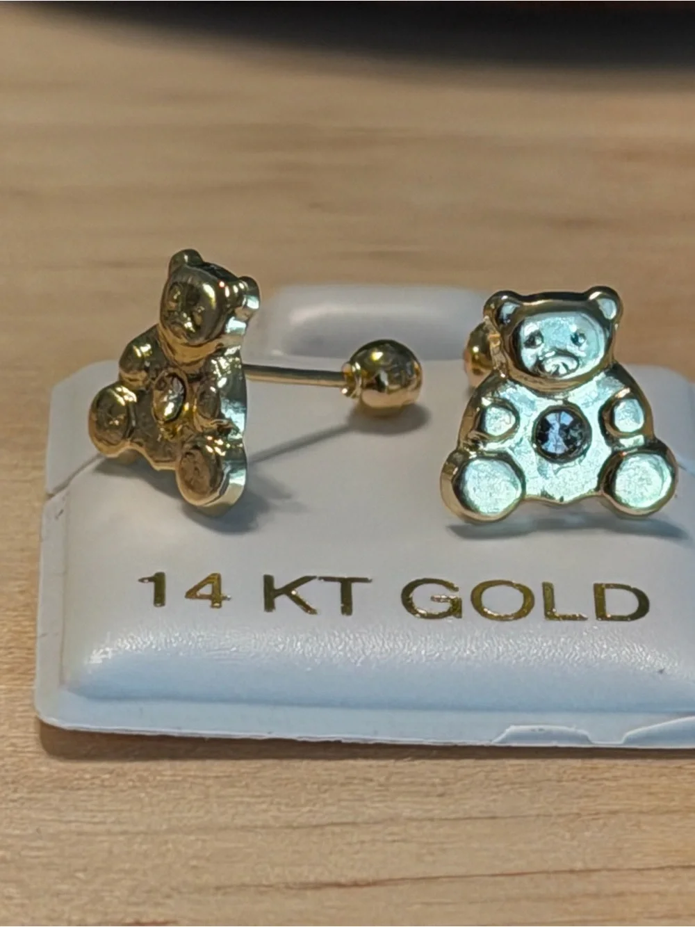 14 KT Gold Teddy Bear Stud Earrings for Kids - Polished Gold with ball screwback